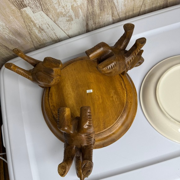 Vintage Wooden Elephant Serving Tray with Cream Ceramic Insert Dish Thailand - Picture 6 of 10